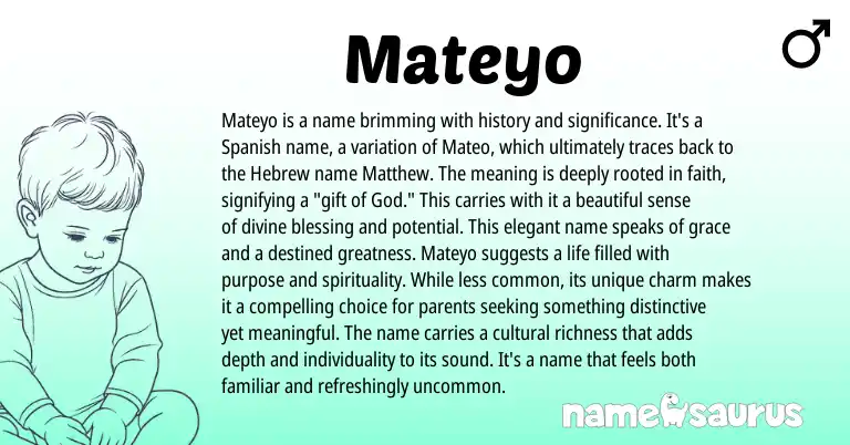 Infographic about Mateyo name meaning, Mateyo is a name from Spanish origin(s).