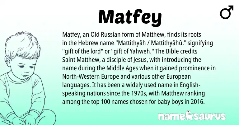 Infographic about Matfey name meaning, Matfey is a name from Russian, English, European, Hebrew origin(s).