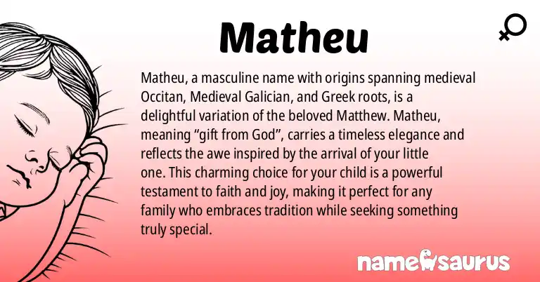 Infographic about Matheu name meaning, Matheu is a name from Occitan, Medieval Occitan, Medieval Galician, Hebrew origin(s).