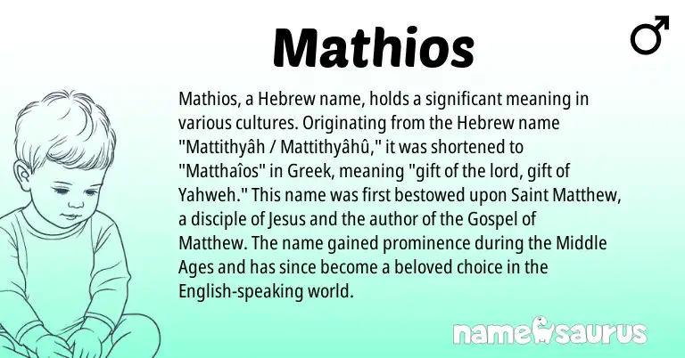 Infographic about Mathios name meaning, Mathios is a name from English, Hebrew, Greek origin(s).