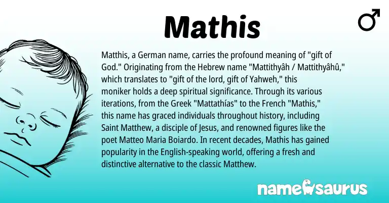 Infographic about Mathis name meaning, Mathis is a name from English, French, Greek, German, Hebrew origin(s).
