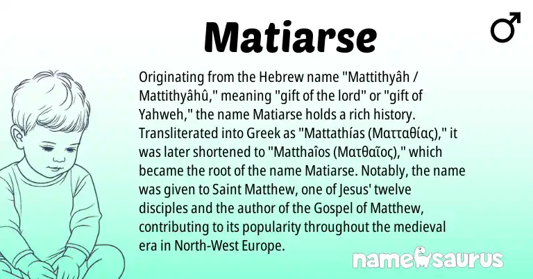 Infographic about Matiarse name meaning, Matiarse is a name from Hebrew, Greek origin(s).
