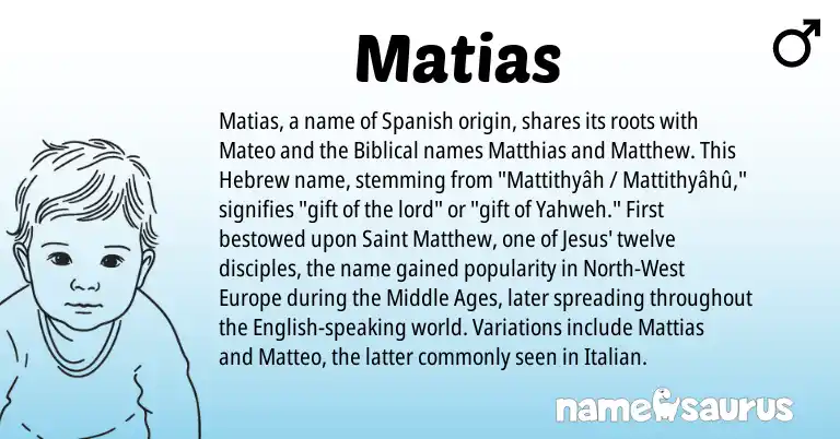 Infographic about Matias name meaning, Matias is a name from Spanish, English, Hebrew, Italian origin(s).