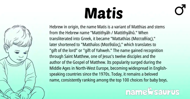 Infographic about Matis name meaning, Matis is a name from English, Hebrew, Greek origin(s).