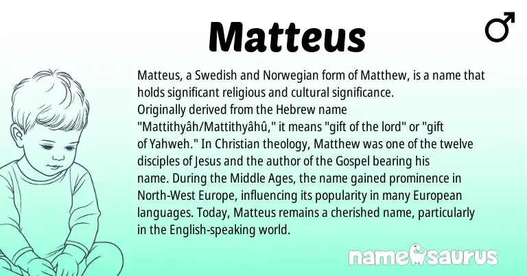 Infographic about Matteus name meaning, Matteus is a name from English, European, Norwegian, Swedish, Hebrew origin(s).