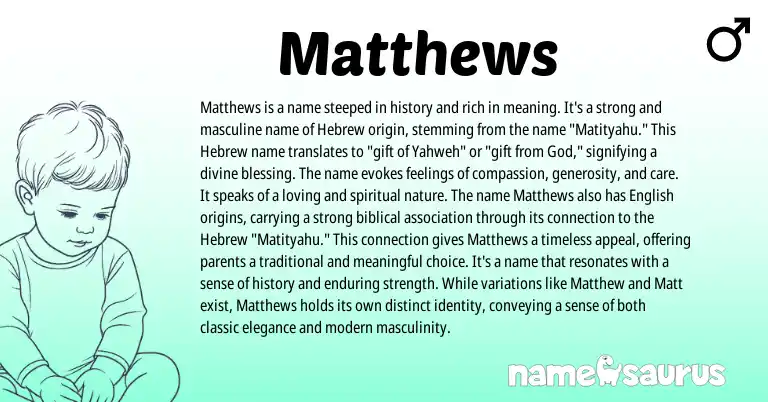 Infographic about Matthews name meaning, Matthews is a name from Hebrew origin(s).
