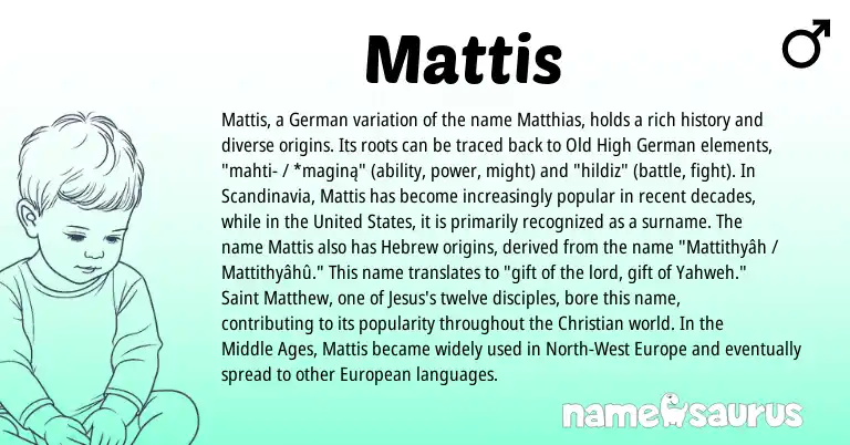 Infographic about Mattis name meaning, Mattis is a name from United States, Old High German, European, German, Hebrew origin(s).
