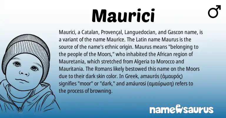 Infographic about Maurici name meaning, Maurici is a name from Greek, Provençal, Catalan, Latin, Morocco, Gascon, African origin(s).