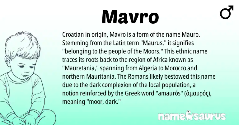 Infographic about Mavro name meaning, Mavro is a name from Croatian, Latin, Morocco, Greek origin(s).