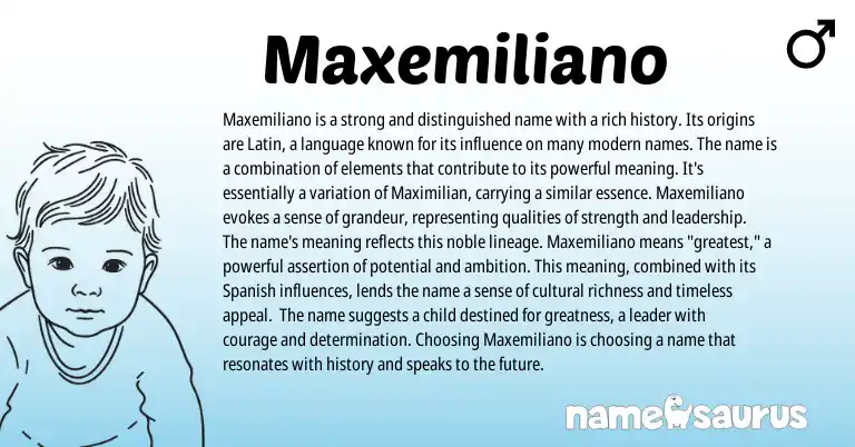 Infographic about Maxemiliano name meaning, Maxemiliano is a name from Latin, Spanish origin(s).
