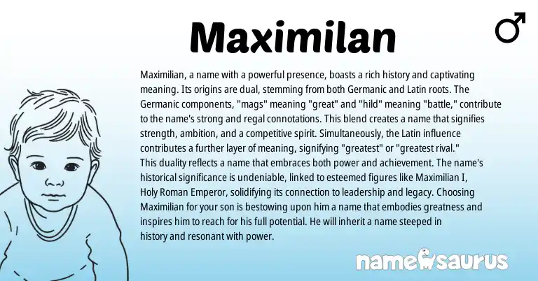 Infographic about Maximilan name meaning, Maximilan is a name from Latin origin(s).