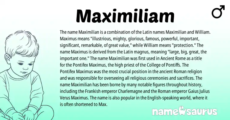 Infographic about Maximiliam name meaning, Maximiliam is a name from Ancient Rome, English, Frankish, Roman, Latin origin(s).