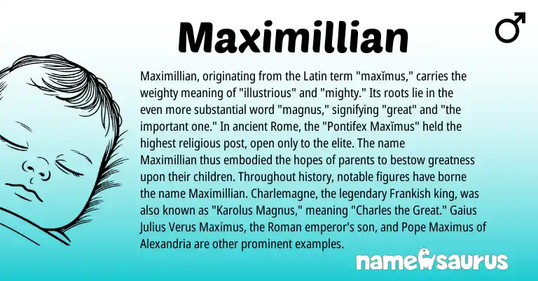 Infographic about Maximillian name meaning, Maximillian is a name from Roman, Latin, Frankish origin(s).