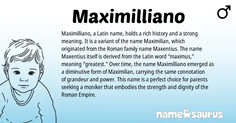 Infographic about Maximilliano name meaning, Maximilliano is a name from Roman, Latin origin(s).