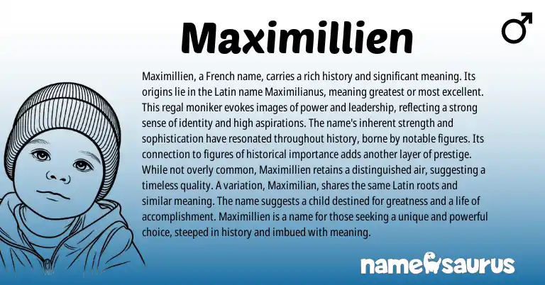 Infographic about Maximillien name meaning, Maximillien is a name from Latin, French origin(s).