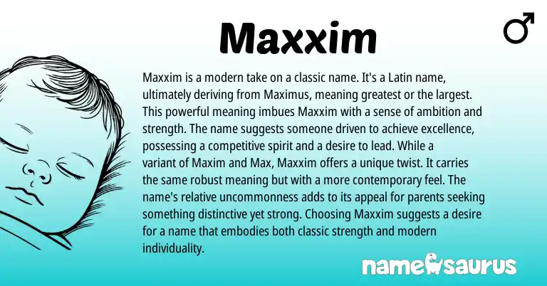 Infographic about Maxxim name meaning, Maxxim is a name from Latin, English origin(s).