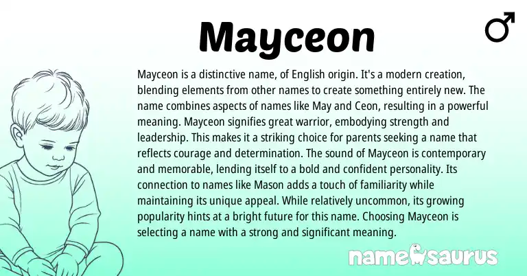 Infographic about Mayceon name meaning, Mayceon is a name from English origin(s).