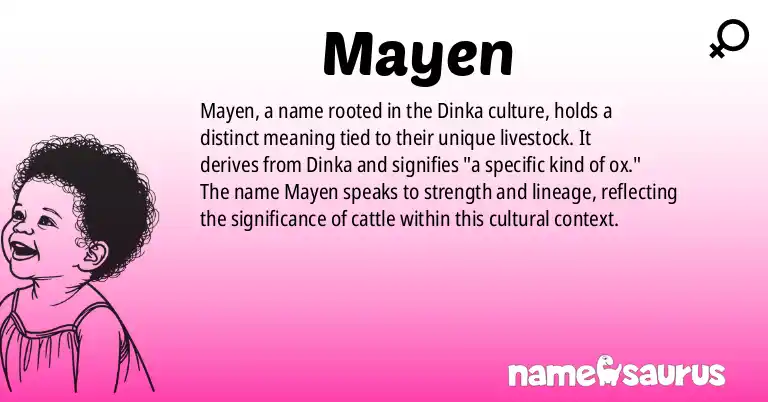 Infographic about Mayen name meaning, Mayen is a name from Dinka origin(s).