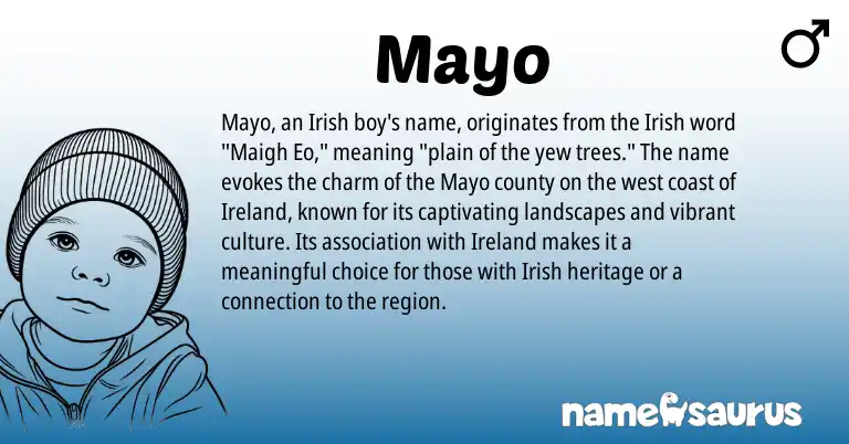 Infographic about Mayo name meaning, Mayo is a name from Irish, Ireland origin(s).