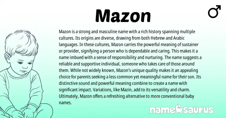 Infographic about Mazon name meaning, Mazon is a name from Hebrew, Arabic origin(s).