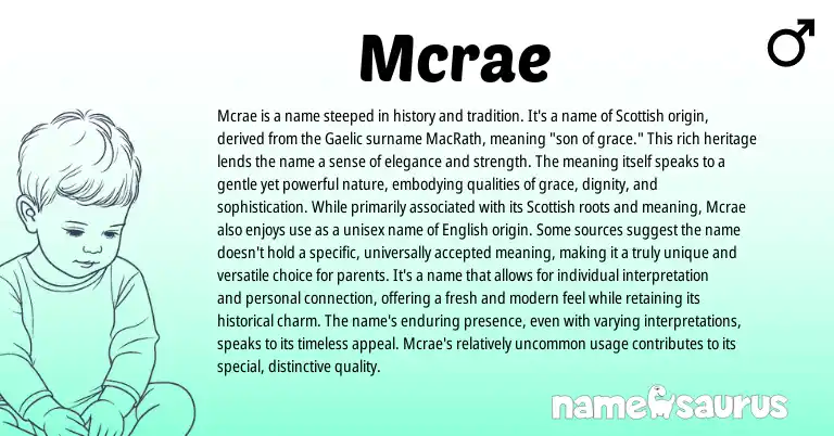 Infographic about Mcrae name meaning, Mcrae is a name from Scottish, Gaelic origin(s).