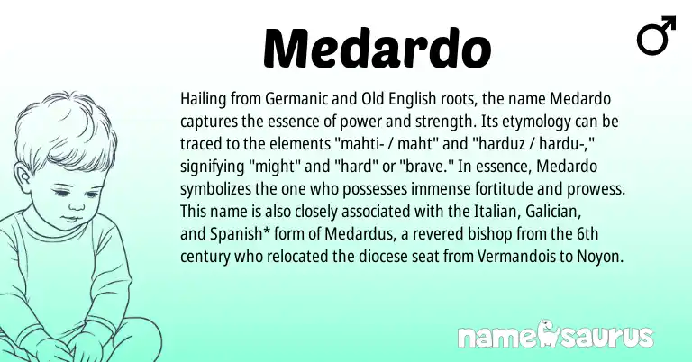Infographic about Medardo name meaning, Medardo is a name from Spanish, Germanic, Galician, Old English, Italian origin(s).