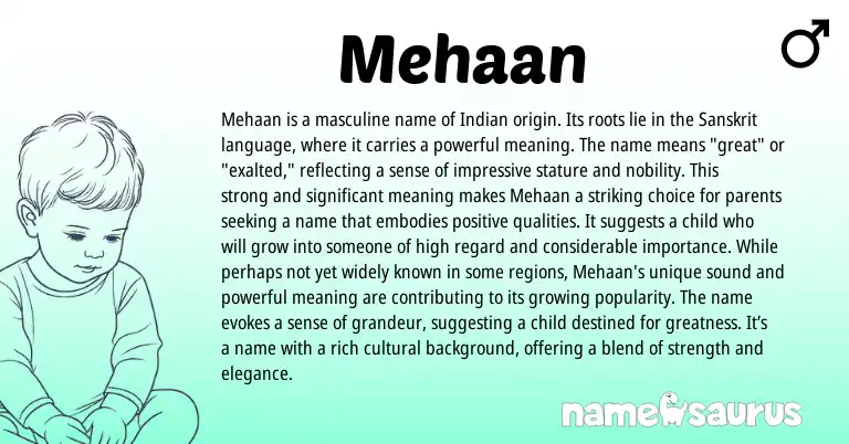 Infographic about Mehaan name meaning, Mehaan is a name from Indian, Persian, Sanskrit origin(s).