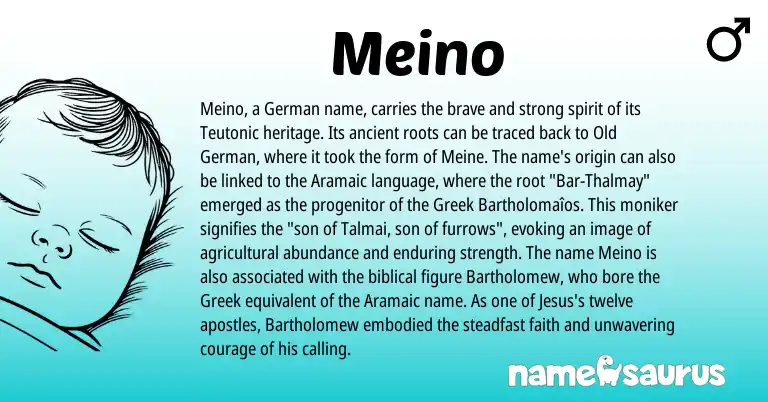 Infographic about Meino name meaning, Meino is a name from Teutonic, Aramaic, Greek, Old German, German origin(s).