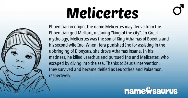 Infographic about Melicertes name meaning, Melicertes is a name from Phoenician, Greek origin(s).