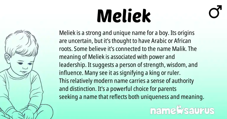 Infographic about Meliek name meaning, Meliek is a name from African, Arabic origin(s).