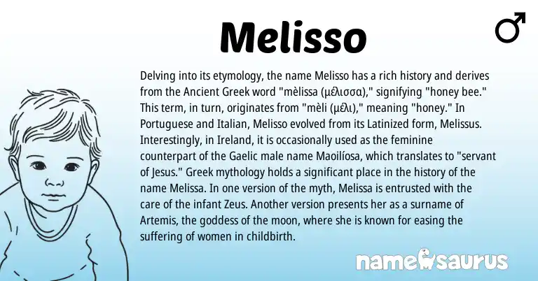 Infographic about Melisso name meaning, Melisso is a name from Ancient Greek, Portuguese, Ireland, Gaelic, Greek, Italian origin(s).