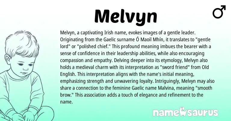 Infographic about Melvyn name meaning, Melvyn is a name from Irish, Old English, Gaelic origin(s).