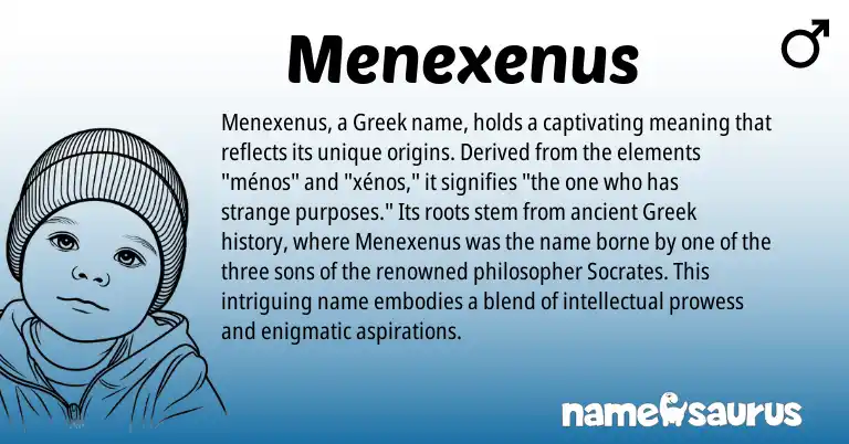 Infographic about Menexenus name meaning, Menexenus is a name from Greek origin(s).