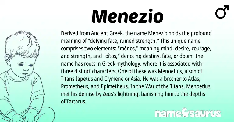 Infographic about Menezio name meaning, Menezio is a name from Ancient Greek, Greek origin(s).