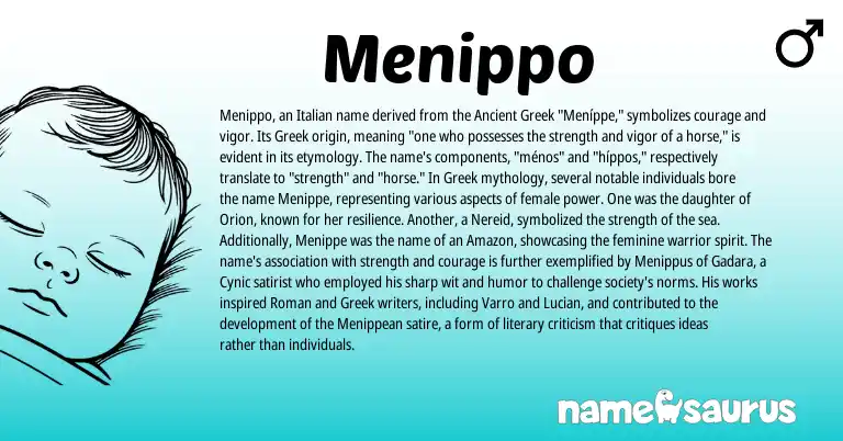 Infographic about Menippo name meaning, Menippo is a name from Roman, Ancient Greek, Greek, Italian origin(s).