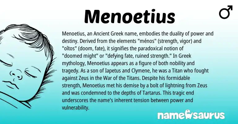 Infographic about Menoetius name meaning, Menoetius is a name from Ancient Greek, Greek origin(s).