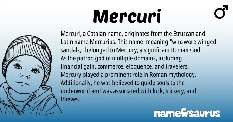 Infographic about Mercuri name meaning, Mercuri is a name from Etruscan, Roman, Latin, Catalan origin(s).