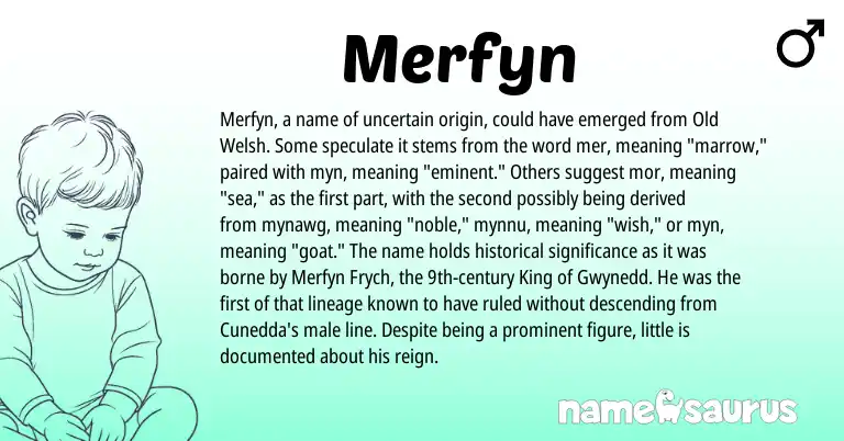 Infographic about Merfyn name meaning, Merfyn is a name from Old Welsh origin(s).