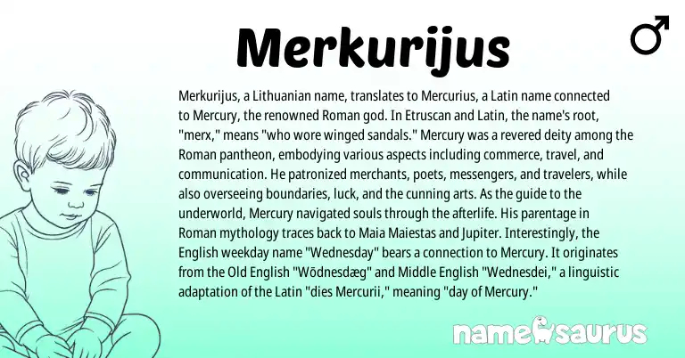 Infographic about Merkurijus name meaning, Merkurijus is a name from Lithuanian, English, Etruscan, Roman, Latin, Middle English, Old English origin(s).