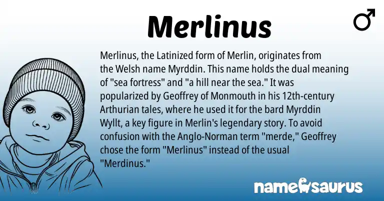 Infographic about Merlinus name meaning, Merlinus is a name from Welsh, Anglo-Norman, Arthurian origin(s).