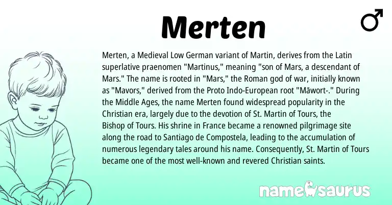 Infographic about Merten name meaning, Merten is a name from Roman, Latin, European, Medieval Low German origin(s).