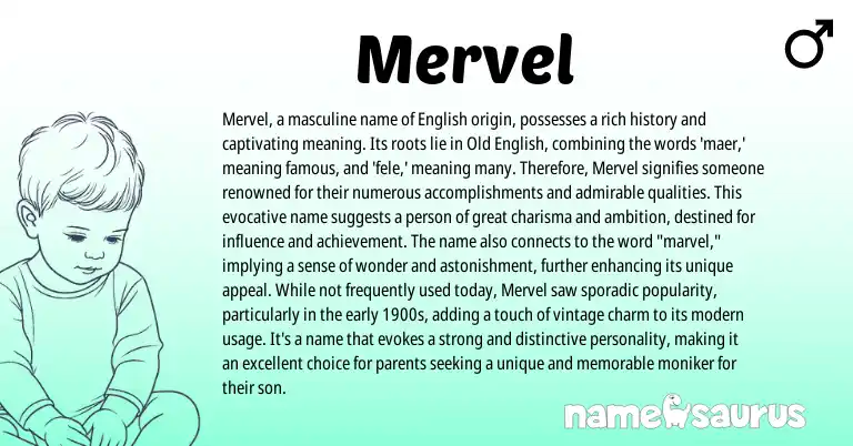 Infographic about Mervel name meaning, Mervel is a name from English origin(s).