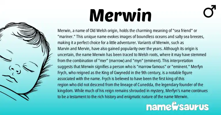 Infographic about Merwin name meaning, Merwin is a name from Old Welsh, Welsh origin(s).