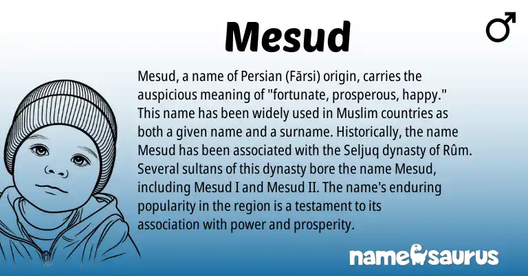 Infographic about Mesud name meaning, Mesud is a name from Persian, Muslim origin(s).