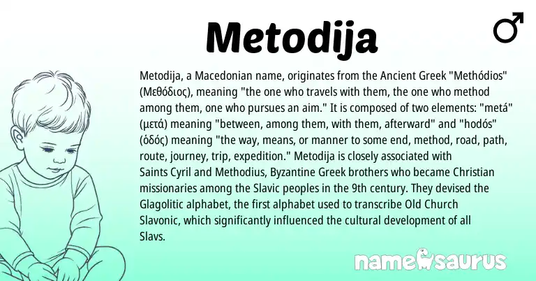 Infographic about Metodija name meaning, Metodija is a name from Slavic, Macedonian, Byzantine Greek, Ancient Greek origin(s).