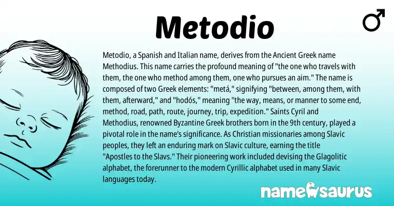 Infographic about Metodio name meaning, Metodio is a name from Ancient Greek, Byzantine Greek, Spanish, Slavic, Greek, Italian origin(s).