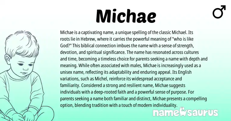 Infographic about Michae name meaning, Michae is a name from Hebrew, English, Biblical origin(s).