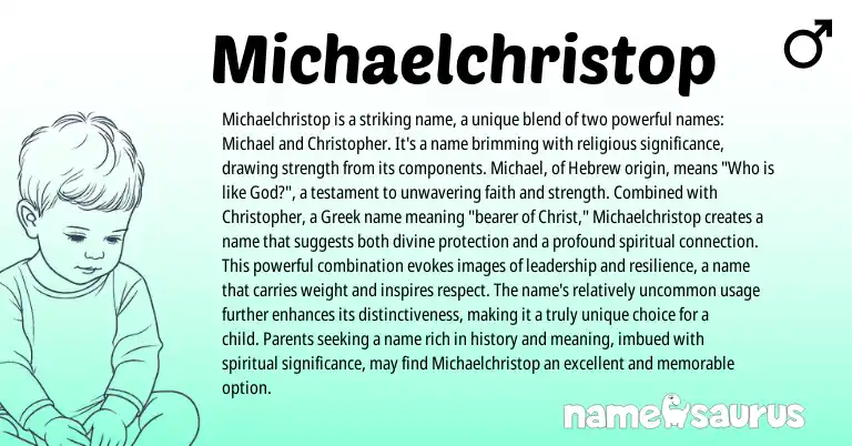 Infographic about Michaelchristop name meaning, Michaelchristop is a name from Hebrew, English, Greek origin(s).