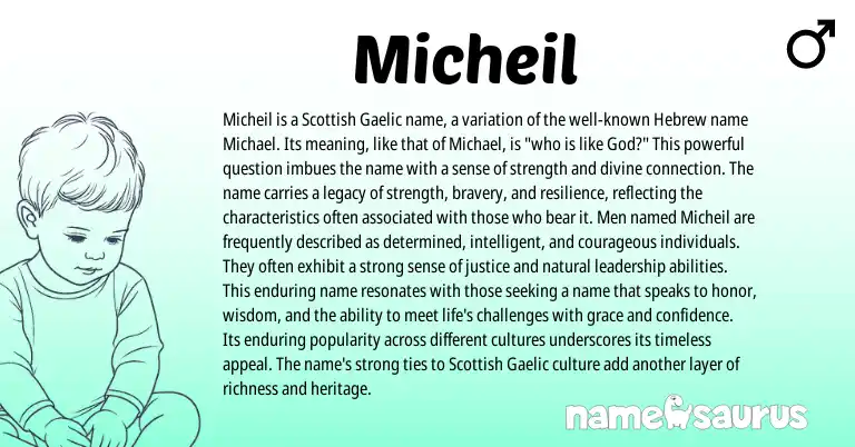 Infographic about Micheil name meaning, Micheil is a name from Scottish, Gaelic, Hebrew, Ga origin(s).