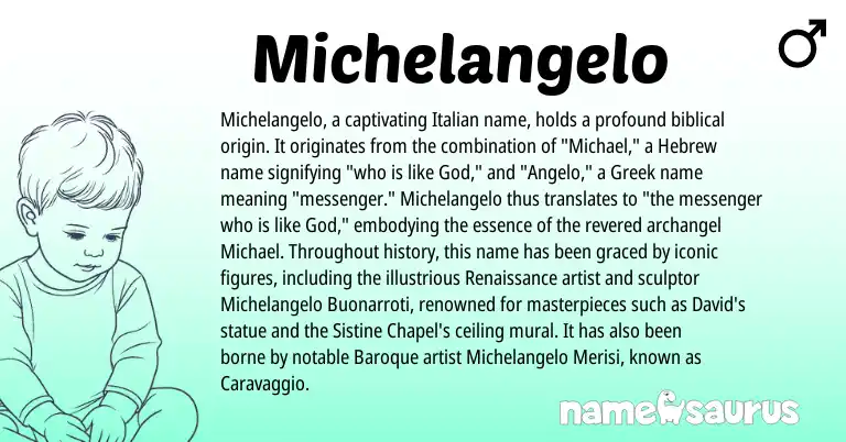 Infographic about Michelangelo name meaning, Michelangelo is a name from Greek, Hebrew, Italian origin(s).